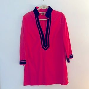 Tory Birch long sleeve cotton tunic, fuschia/navy collar and cuffs, unlined.